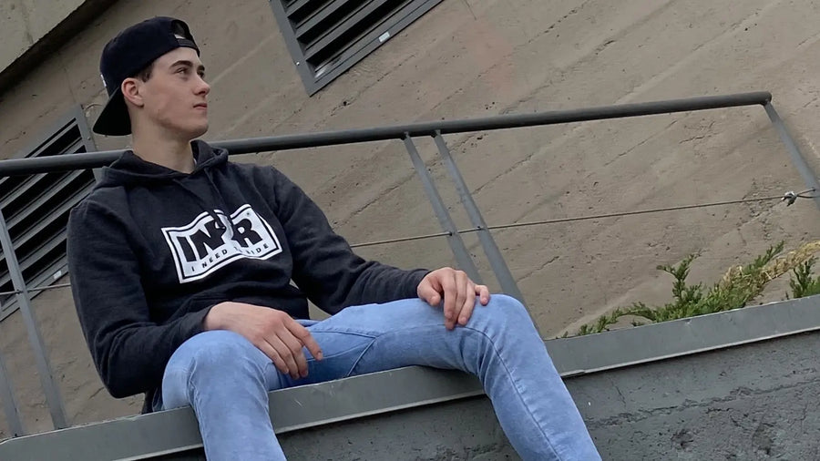 IN2R founder Aidan Anderson wearing IN2R Canadian streetwear in Saskatchewan