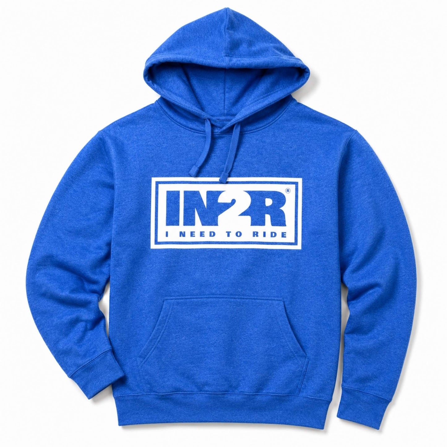 A royal blue heather pullover hoodie with a white graphic on the chest that reads 'IN2R I NEED TO RIDE', displayed against a clean white background.