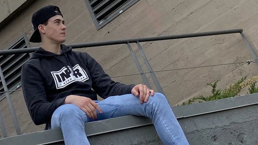 IN2R founder Aidan Anderson wearing IN2R Canadian streetwear in Saskatchewan