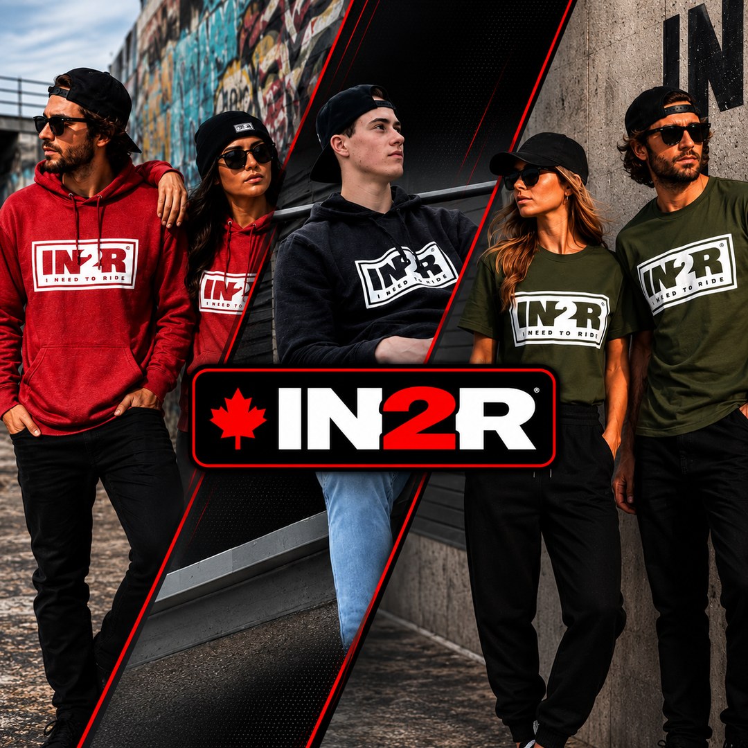 IN2R streetwear lifestyle campaign featuring hoodies, tees and Canadian-inspired apparel with bold IN2R branding.