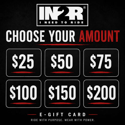 IN2R e-gift card amount selection graphic on a black background, showing six card options ranging from $25 to $200 in white and red text.
