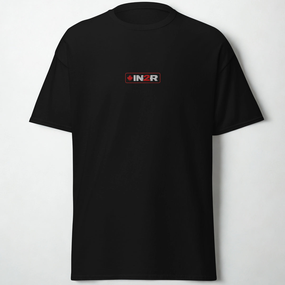 A black short-sleeve crewneck t-shirt with a small rectangular INZR logo printed on the center chest, displayed against a light gray background.