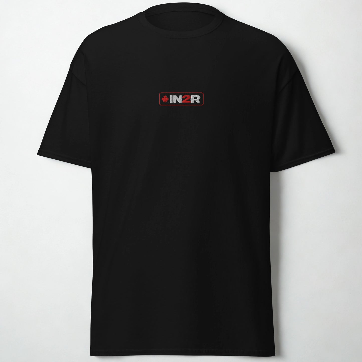 A black short-sleeve crewneck t-shirt with a small rectangular INZR logo printed on the center chest, displayed against a light gray background.