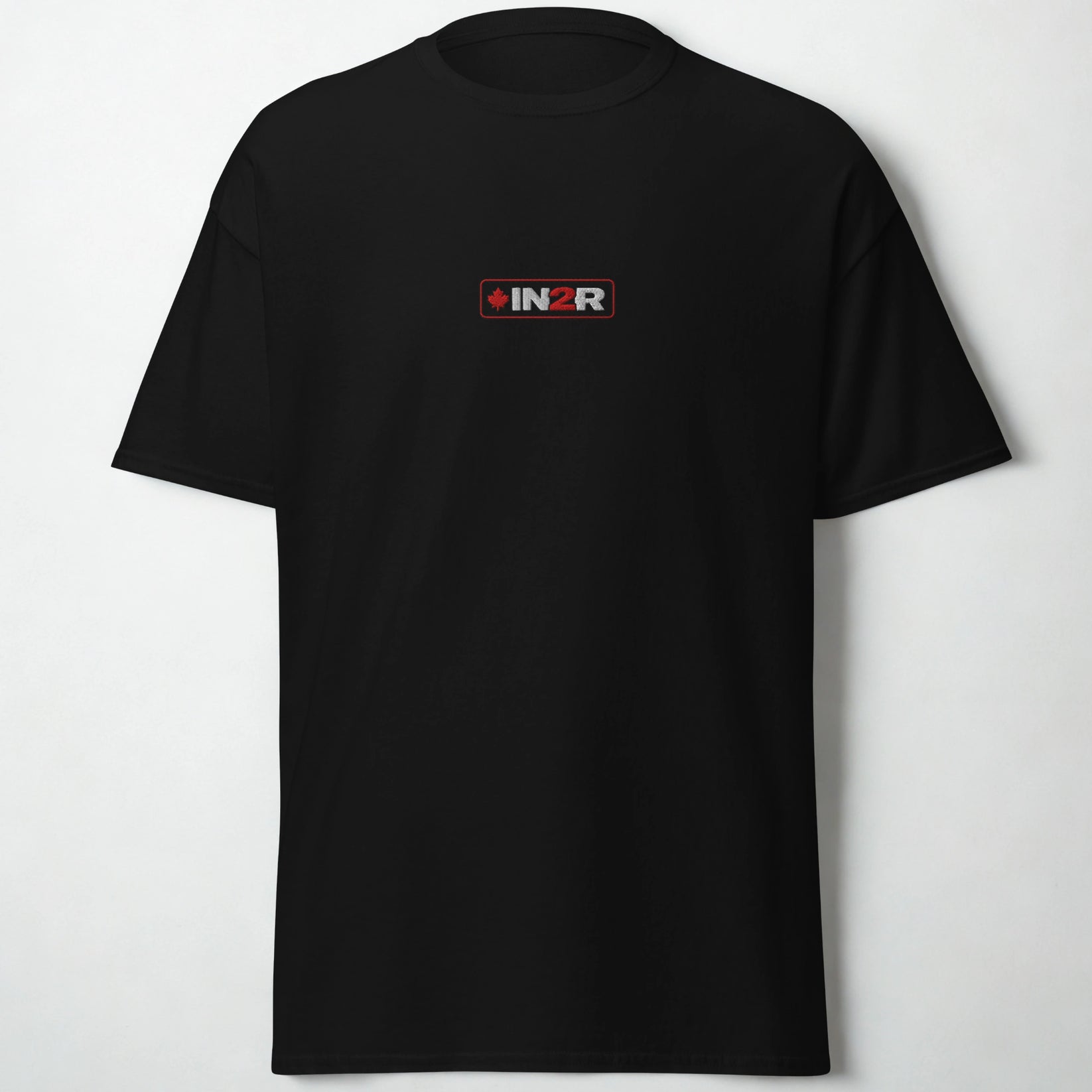 A black short-sleeve crewneck t-shirt with a small rectangular INZR logo printed on the center chest, displayed against a light gray background.