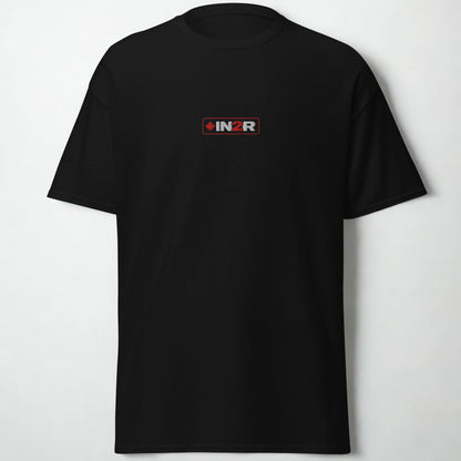 A black short-sleeve crewneck t-shirt with a small rectangular INZR logo printed on the center chest, displayed against a light gray background.