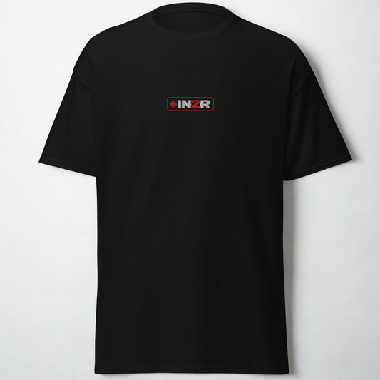 A black short-sleeve crewneck t-shirt with a small rectangular INZR logo printed on the center chest, displayed against a light gray background.