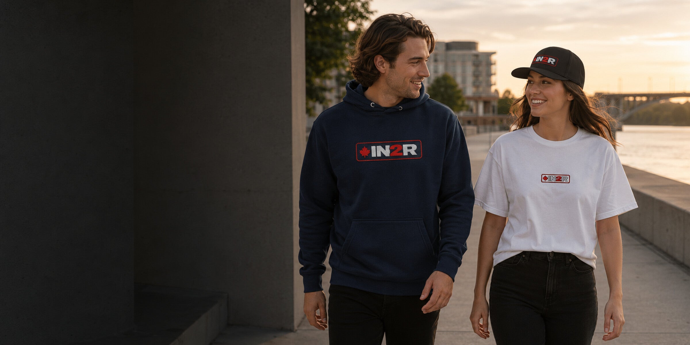 Models wearing IN2R Canadian Edition apparel in a modern Canadian setting
