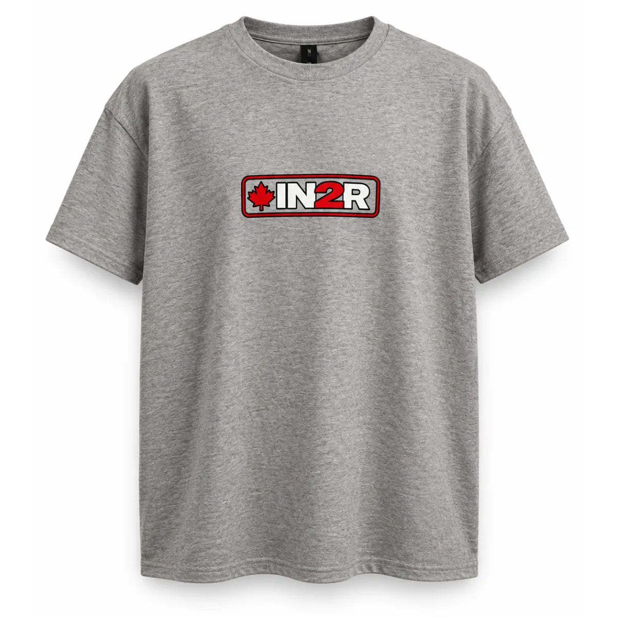 A heather gray short-sleeve t-shirt with a rectangular chest graphic that reads 'IN2R' in white over a red background, flanked by a red maple leaf icon, shown on a plain white background.