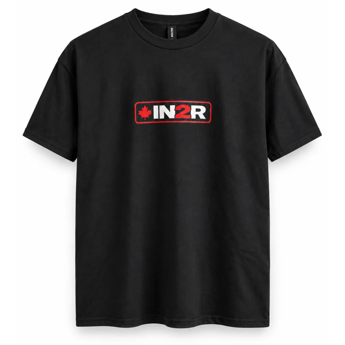 A black short-sleeve crewneck t-shirt featuring a red and white 'IN2R' logo with a red maple leaf on the chest, displayed against a clean white background.
