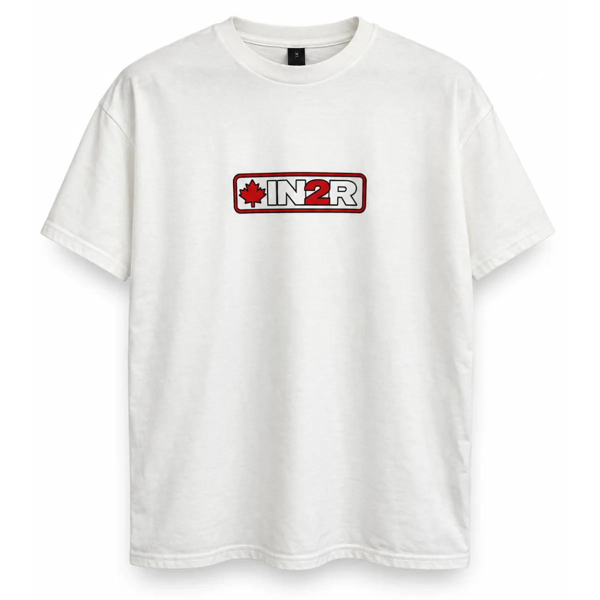 A white short-sleeve crewneck t-shirt featuring a red and black 'IN2R' logo with a red maple leaf on the chest, displayed on a clean white background.