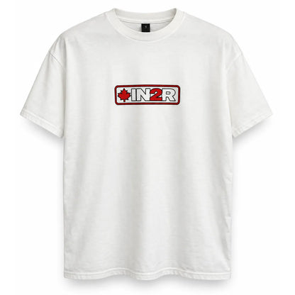 A white short-sleeve crewneck t-shirt featuring a red and black 'IN2R' logo with a red maple leaf on the chest, displayed on a clean white background.