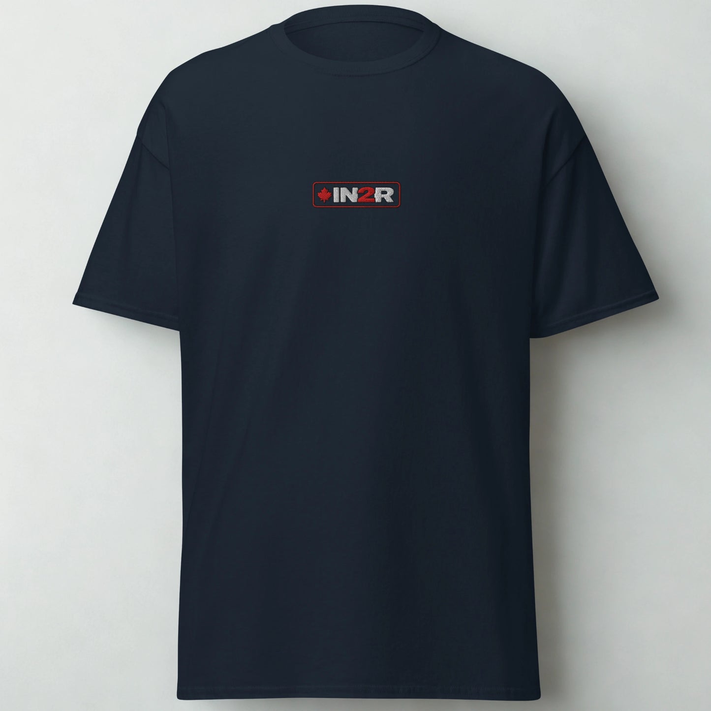 A dark navy blue short-sleeve crewneck t-shirt with a small rectangular chest logo that reads 'INZR' in white and red, set against a plain light gray background.