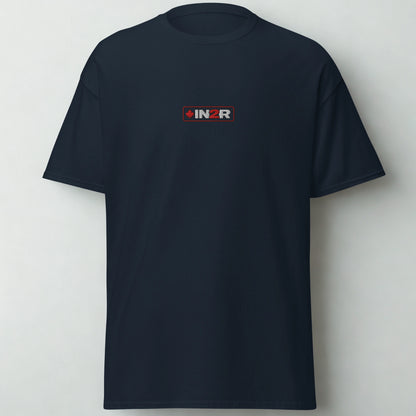 A dark navy blue short-sleeve crewneck t-shirt with a small rectangular chest logo that reads 'INZR' in white and red, set against a plain light gray background.