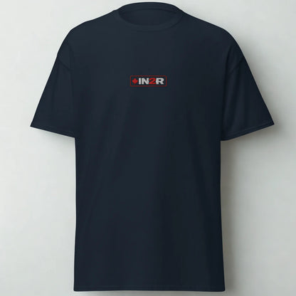 A dark navy blue short-sleeve crewneck t-shirt with a small rectangular chest logo that reads 'IN2R' in white and red, set against a plain light gray background.