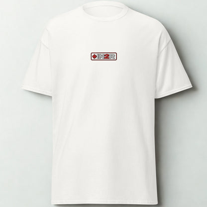 A white short-sleeve crewneck t-shirt with a small rectangular chest graphic featuring the brand name 'IN2R' and a red maple leaf, displayed against a light gray background.