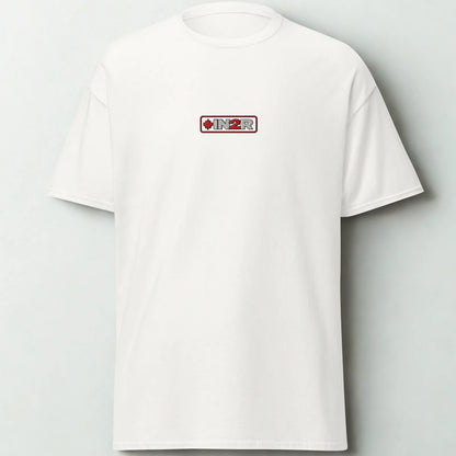 A white short-sleeve crewneck t-shirt with a small rectangular chest graphic featuring the brand name 'IN2R' and a red maple leaf, displayed against a light gray background.