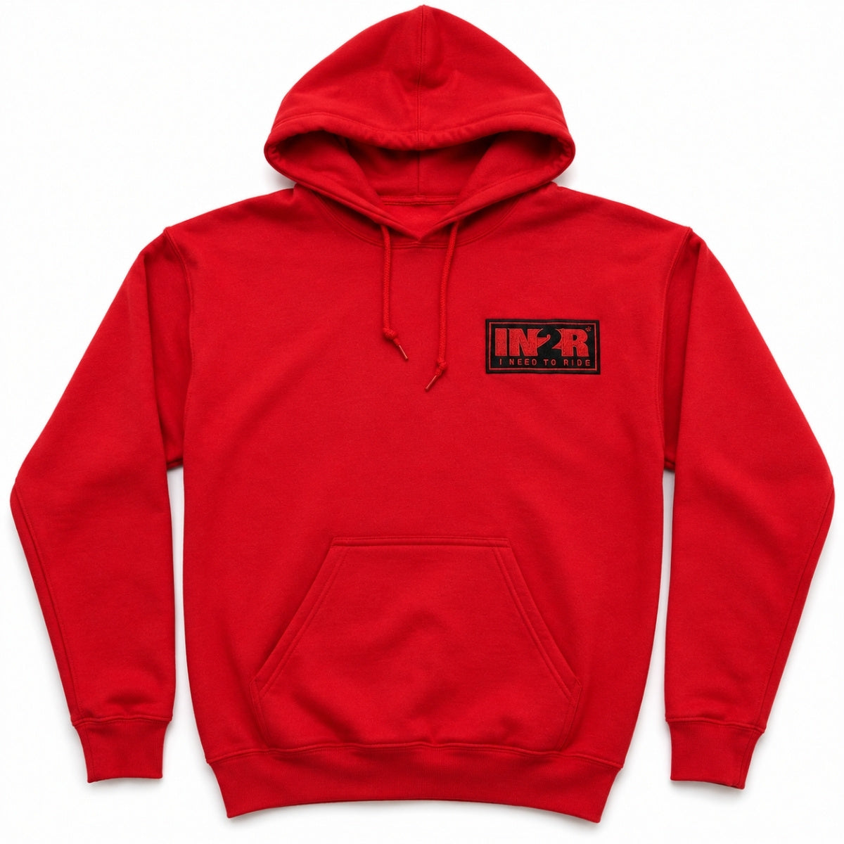Front view of the IN2R Classic Red Unisex Hoodie on a clean white studio background with the premium embroidered IN2R I Need To Ride chest patch.