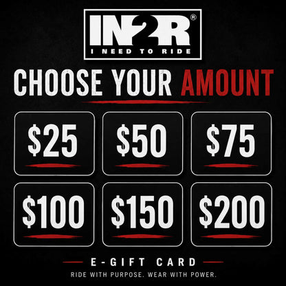 IN2R e-gift card amount selection graphic on a black background, showing six card options ranging from $25 to $200 in white and red text.