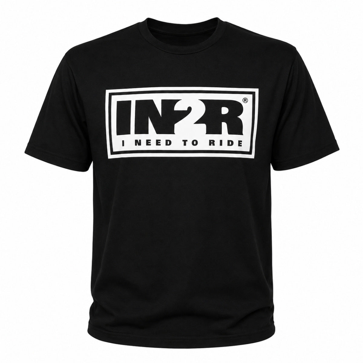 A black short-sleeve crewneck t-shirt featuring a bold white rectangular graphic on the chest with the text 'IN2R' and 'I NEED TO RIDE'.