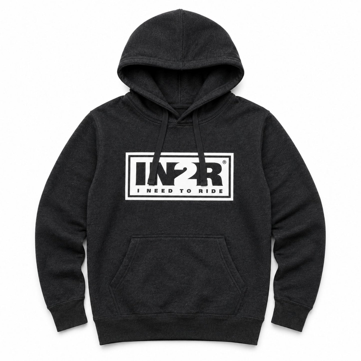 A dark charcoal gray heather pullover hoodie with a white rectangular chest graphic that reads 'IN2R I NEED TO RIDE'. The hoodie features a front kangaroo pocket and drawstring hood, shown against a plain white background.