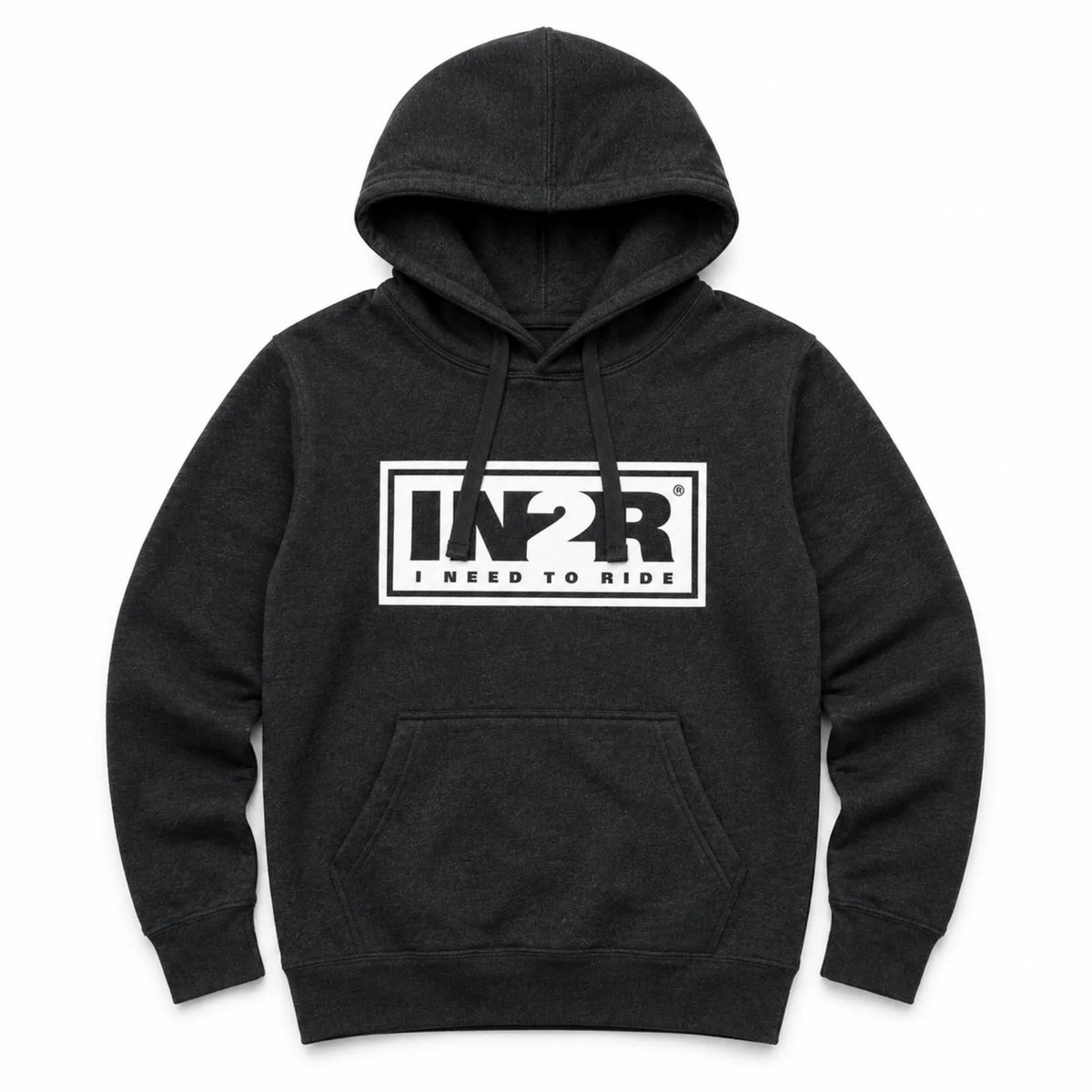 A dark charcoal gray heather pullover hoodie with a white rectangular graphic on the chest featuring the stylized letters 'IN2R' and the text 'I NEED TO RIDE'. The hoodie has a front kangaroo pocket and drawstring hood, shown against a plain white background.