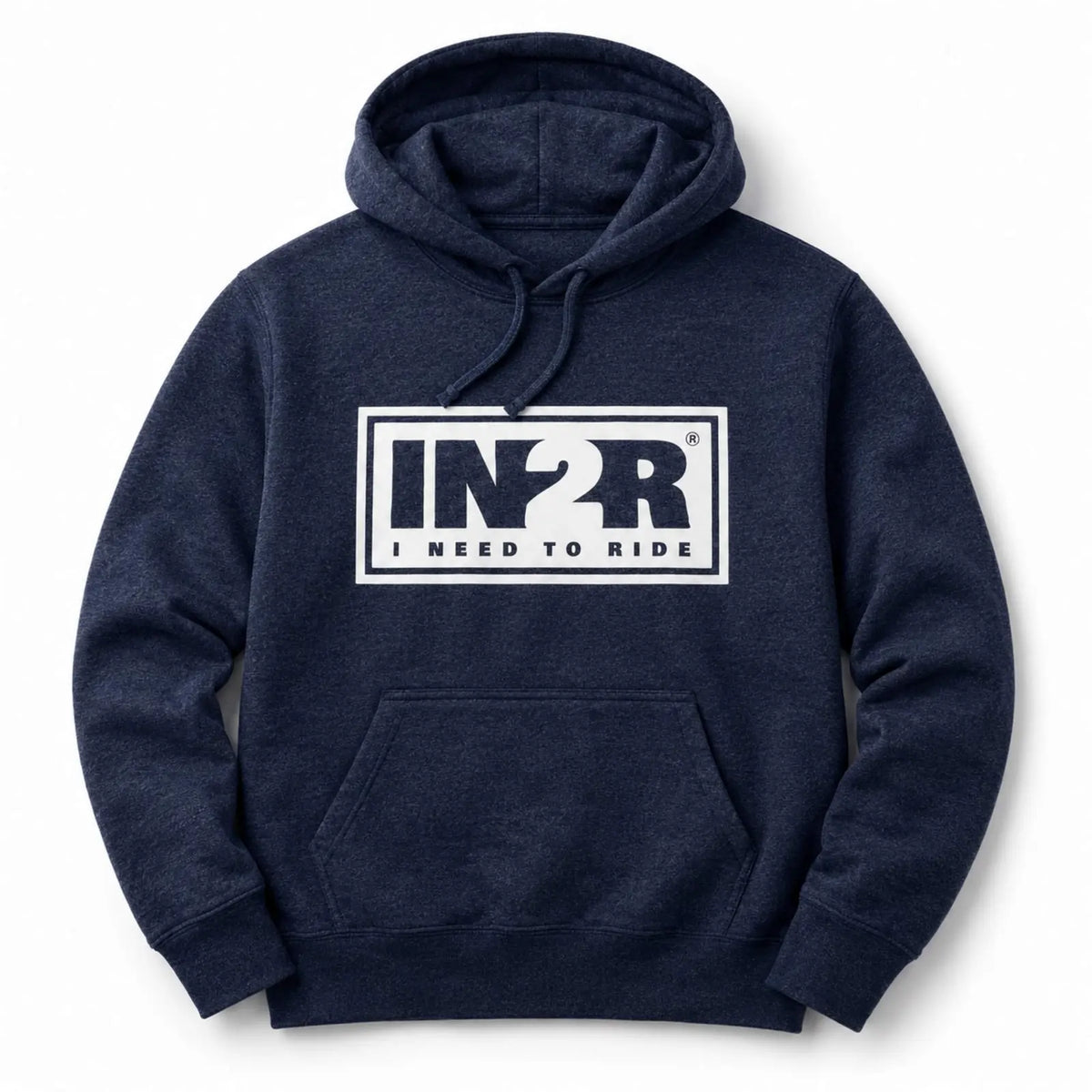 A navy blue heather pullover hoodie with a white rectangular chest graphic that reads 'IN2R I NEED TO RIDE', shown on a clean white background.
