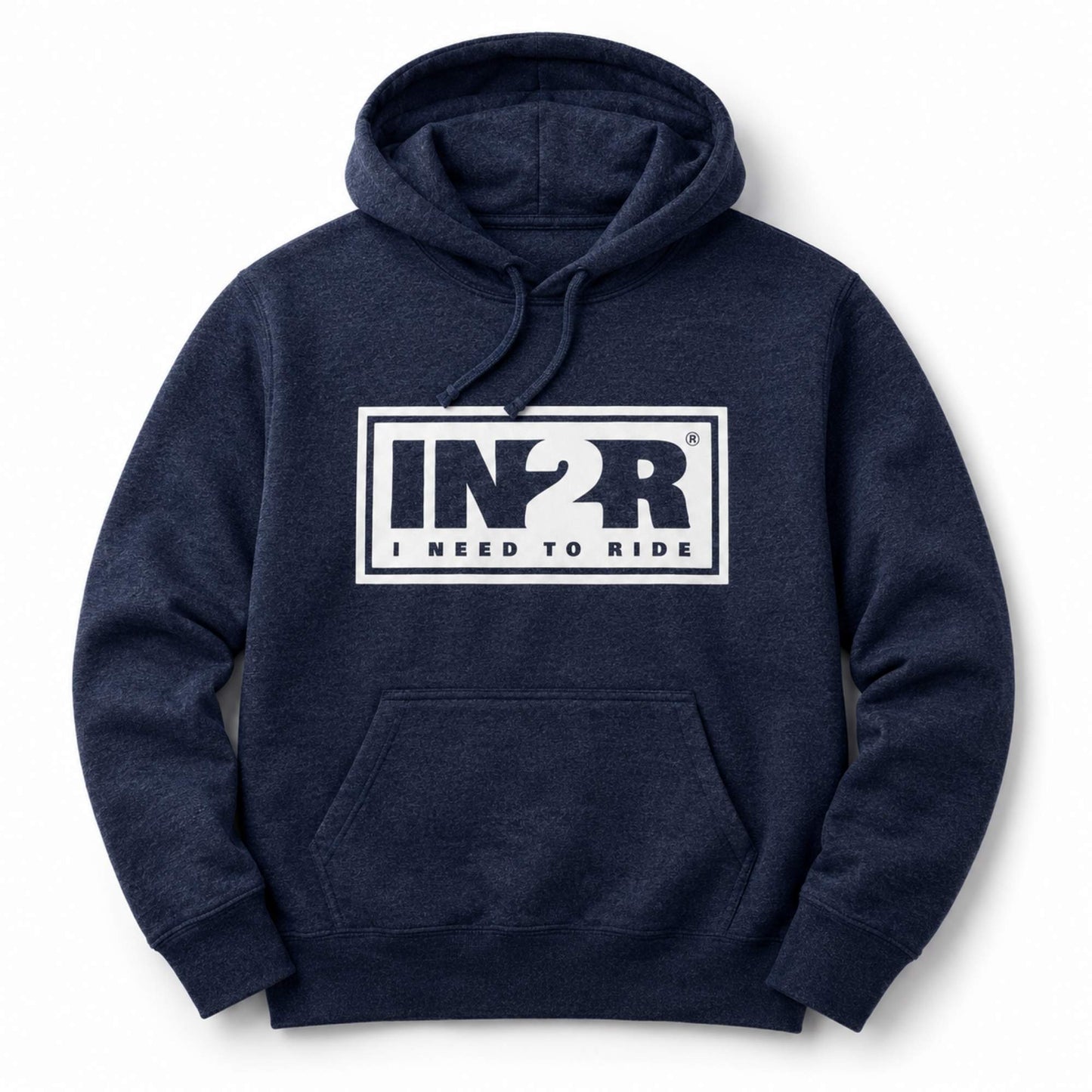 A navy blue heather pullover hoodie with a white rectangular chest graphic that reads 'IN2R I NEED TO RIDE', shown on a clean white background.