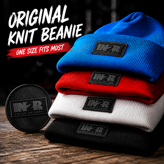 IN2R Original Knit Beanie available in black, white, red and neon blue with signature woven logo patch.