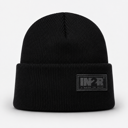 Black IN2R Original Knit Beanie with signature woven logo patch and fold-over cuff.
