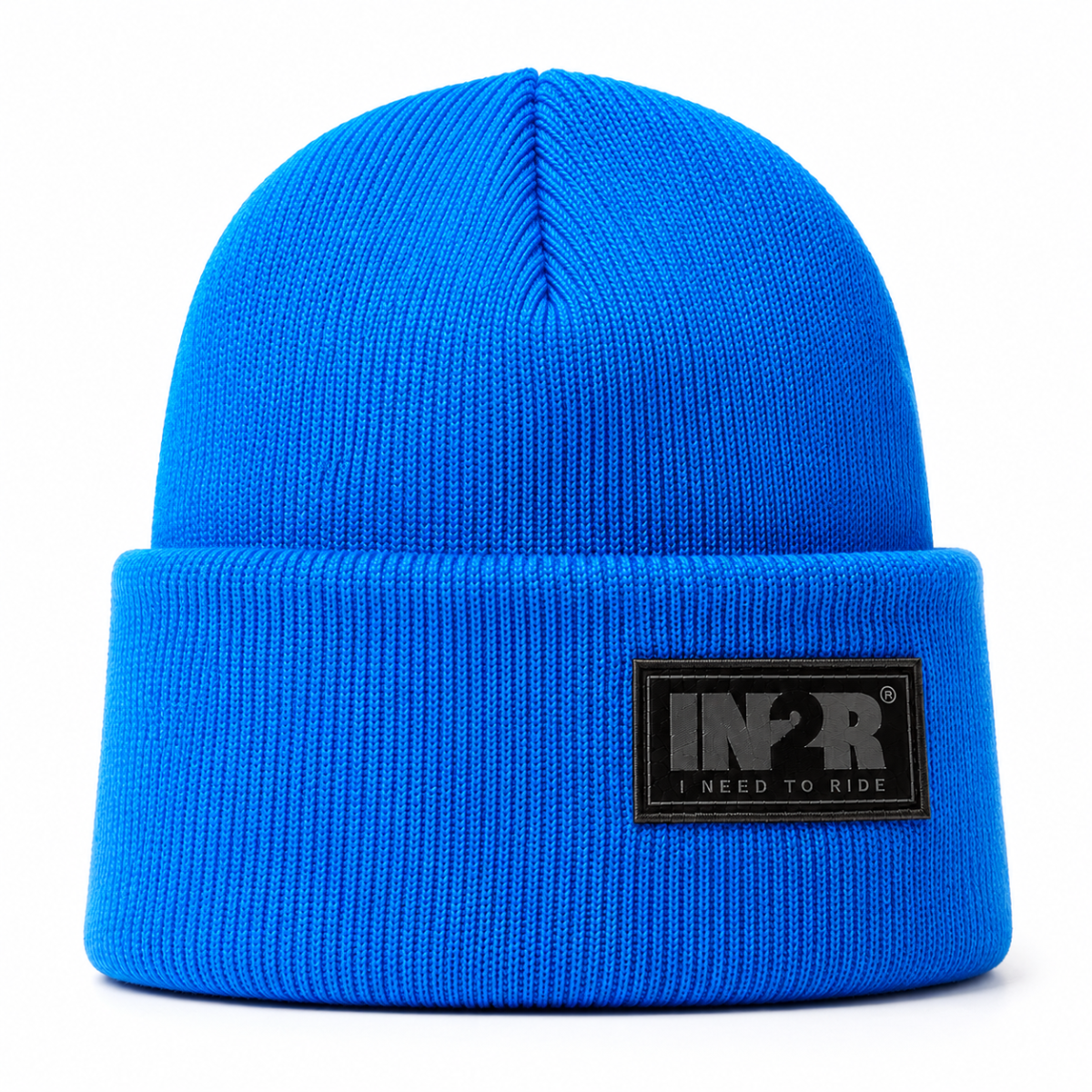 Neon Blue IN2R Original Knit Beanie with signature woven logo patch and soft acrylic knit construction.