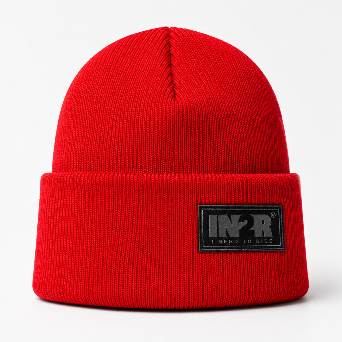 Red IN2R Original Knit Beanie with classic fold-over cuff and woven logo patch.