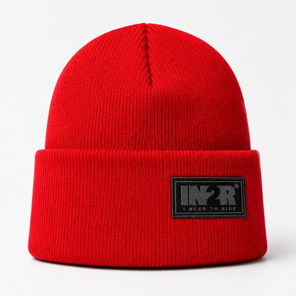 Red IN2R Original Knit Beanie with classic fold-over cuff and woven logo patch.