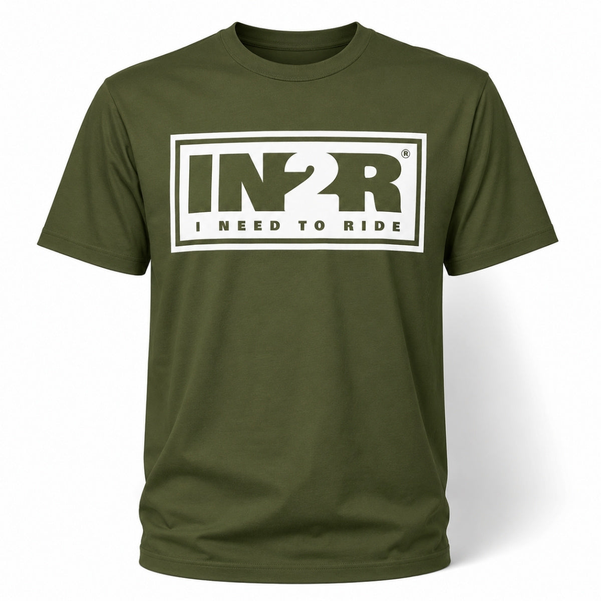 A moss green short-sleeve t-shirt with a white graphic on the chest reading 'IN2R I NEED TO RIDE' inside a rectangular border.