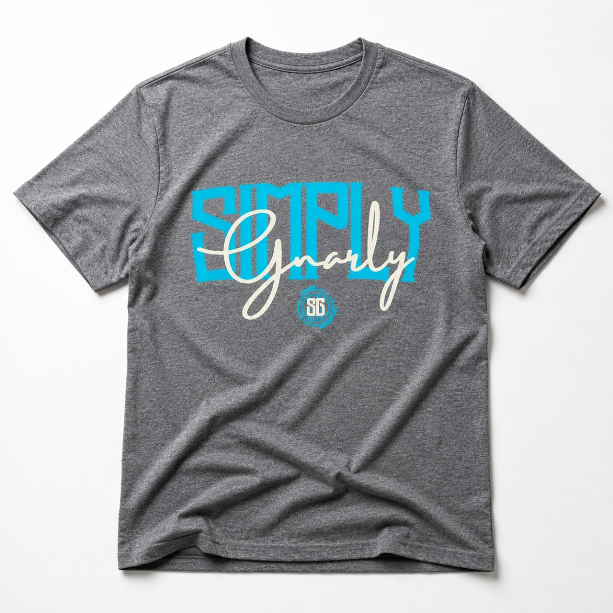 A heather gray short-sleeve t-shirt with a graphic on the chest reading 'SIMPLY Gnarly' in light blue and white, with a small circular 'SG' logo below, shown on a plain white background.