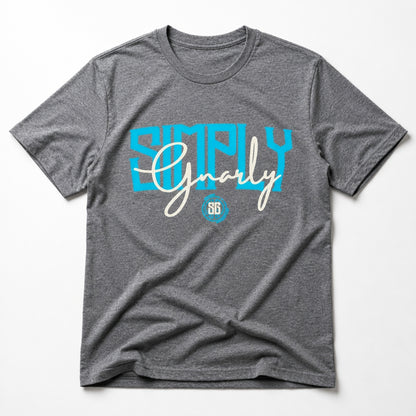 A heather gray short-sleeve t-shirt with a graphic on the chest reading 'SIMPLY Gnarly' in light blue and white, with a small circular 'SG' logo below, shown on a plain white background.