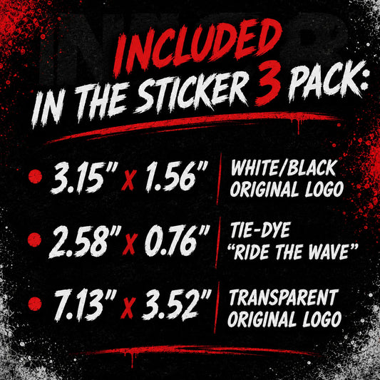 IN2R Sticker 3 Pack details showing three premium die-cut vinyl sticker sizes and designs.