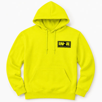 A bright neon yellow pullover hoodie with a black and yellow 'IN2R' graphic on the left chest, displayed on a clean white background.