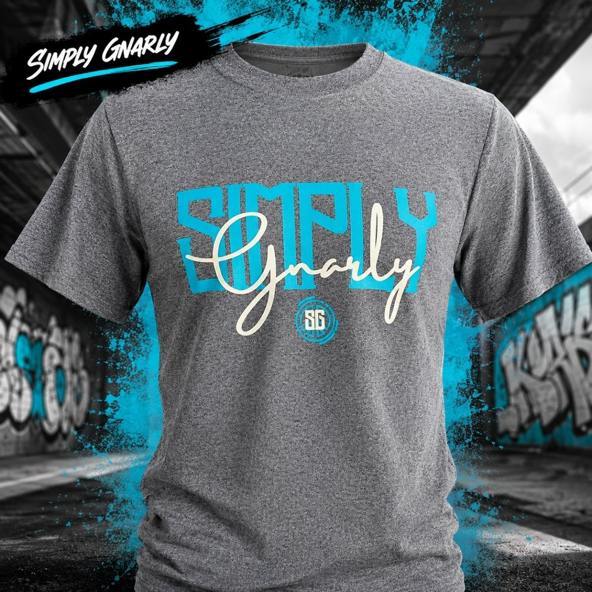 Grey Simply Gnarly graphic T-shirt with turquoise and cream lettering against a black-and-white graffiti background