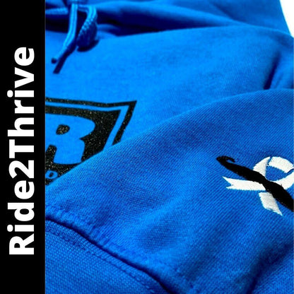 Sapphire blue IN2R Ride2Thrive unisex hoodie with embroidered men’s health ribbon on the sleeve